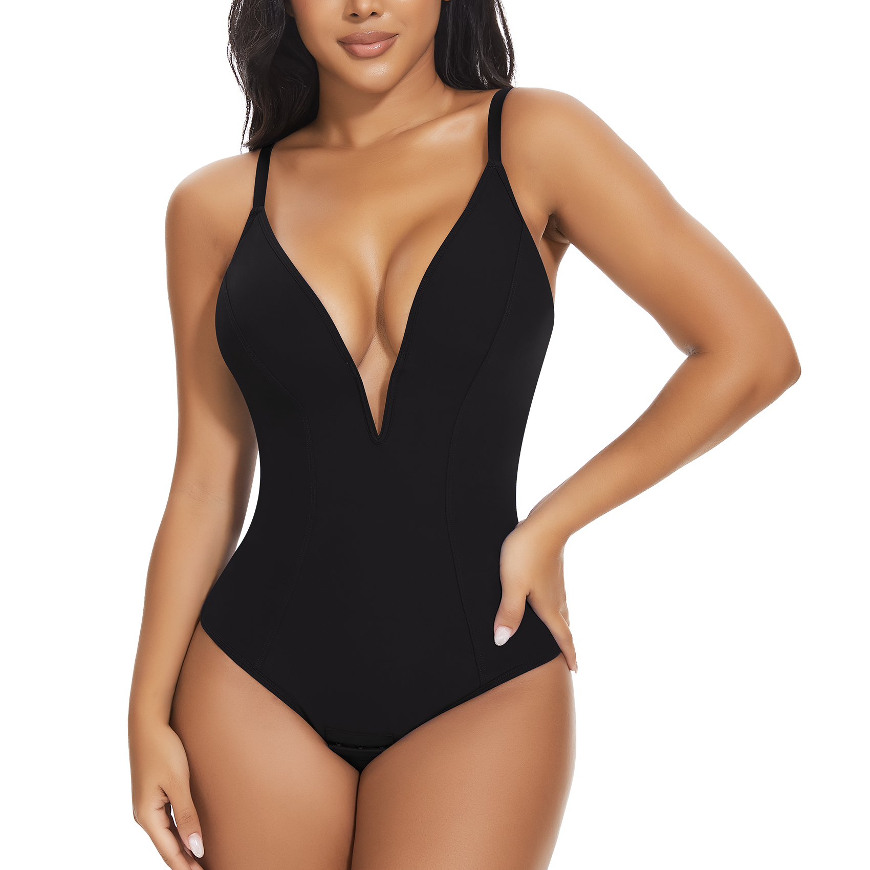 Joyshaper Women's Deep V Neck Bodysuit Tummy Control Shapewear Thong Body Suits Plunge Low Back Bodysuit